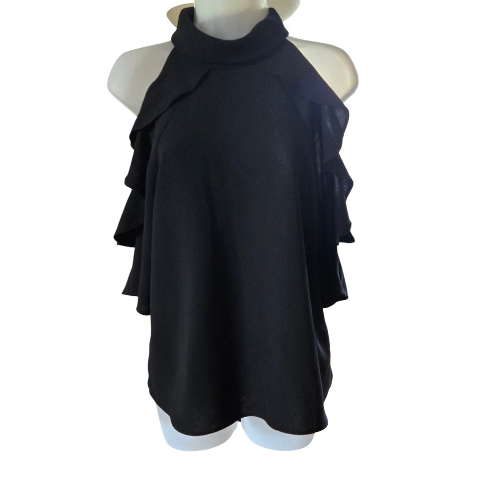 Topshop Womens Black Cold Shoulder Ruffle Mock Neck Blouse Size US 4 13D01MBLK